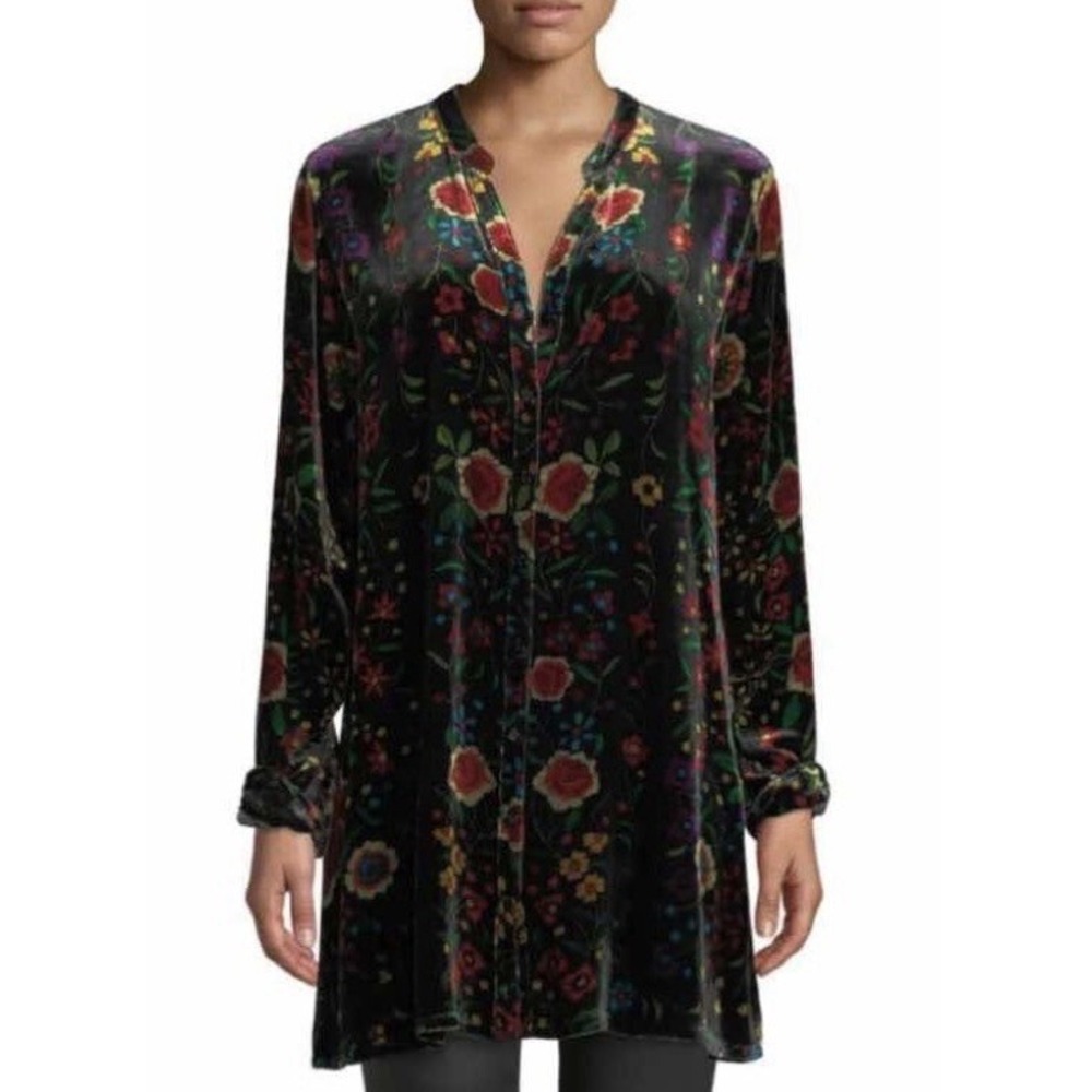 Johnny Was Velvet Print Button Front Tunic Blouse Sz PXS